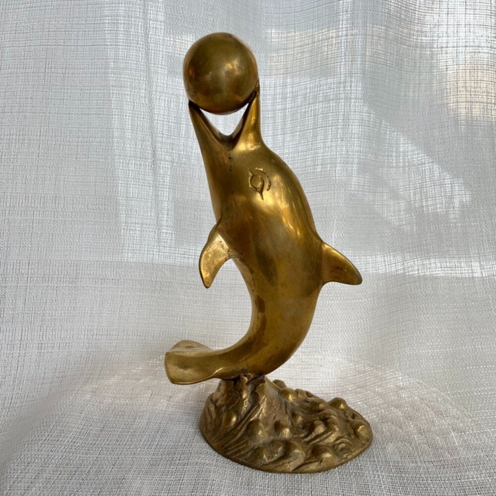 Vintage Brass Dolphin With Ball Figurine